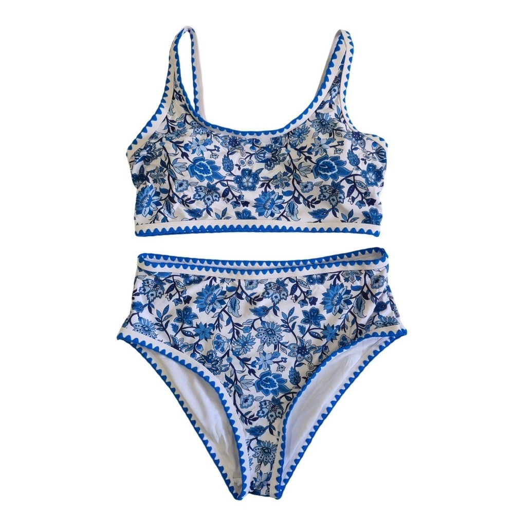 Herseas Blue White Floral Ric-Rac Trim High Waisted Bikini Set Swimsuit Large